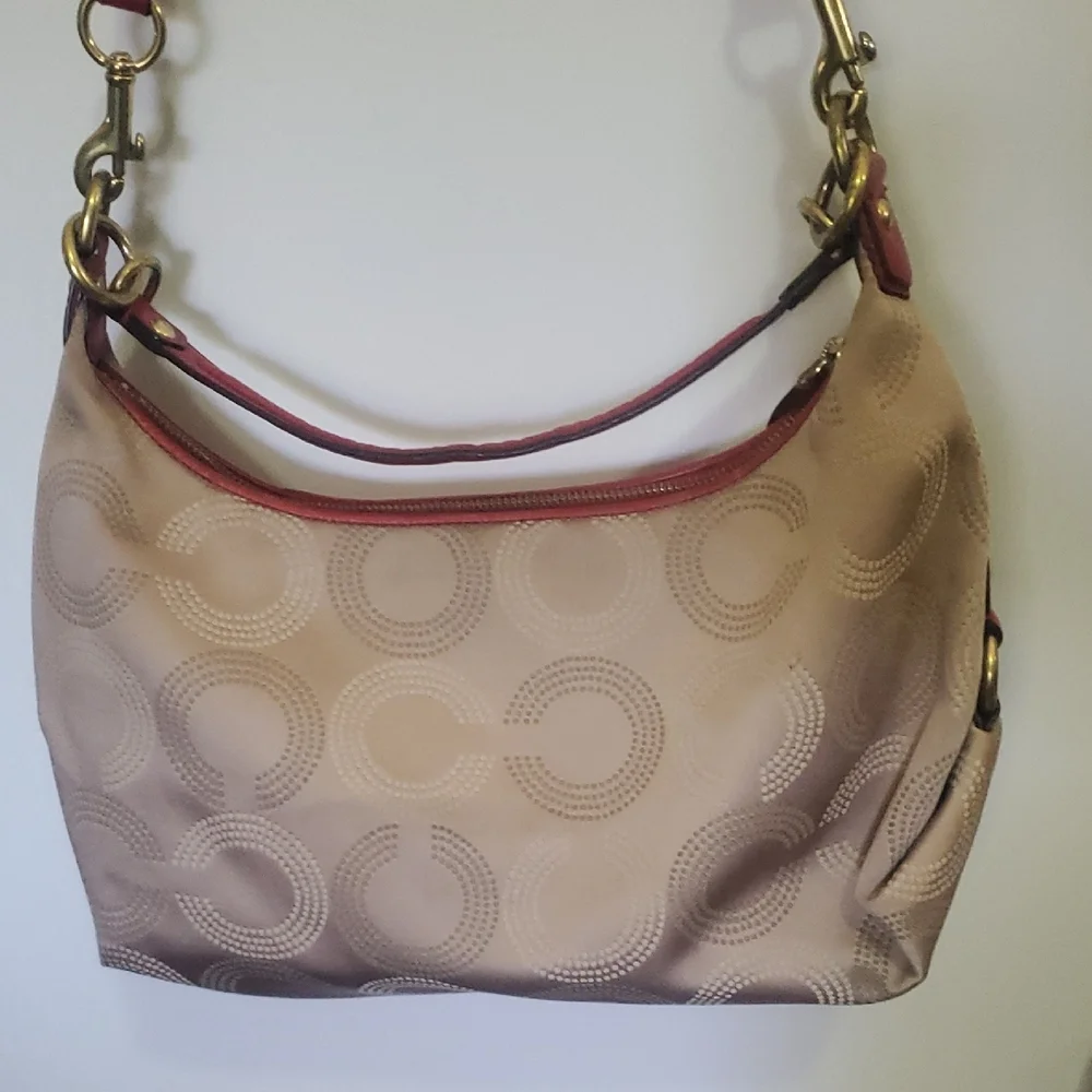 Coach Ashley Dotted Op Convertible Tan Red Bag Signature C Detail Sze 14.5 X 9.5